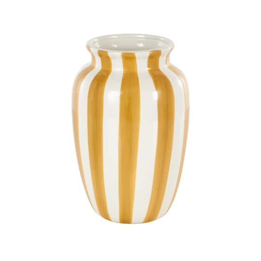 9.5" White & Yellow Stripes Round Wide Ceramic Vase